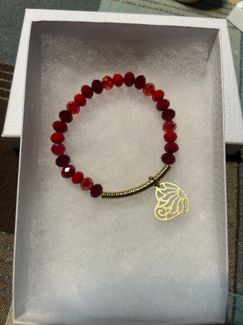 Gold Charm Red Beaded Stretch Bracelet - Women Jewelry